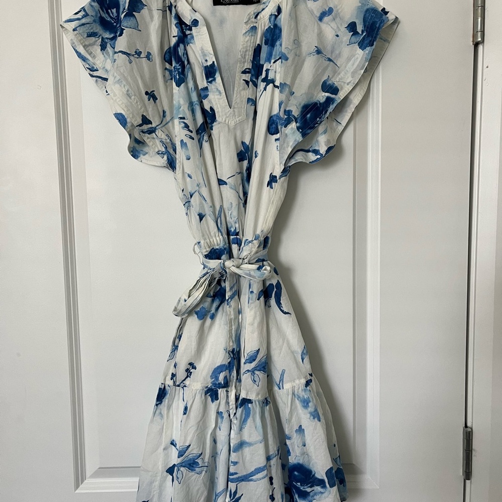 Ralph Lauren Blue and White V-Neck Midi Dress